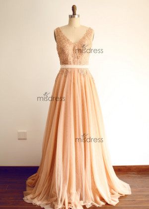 Deep V Back Champagne Tulle Lace Beaded Prom Dress